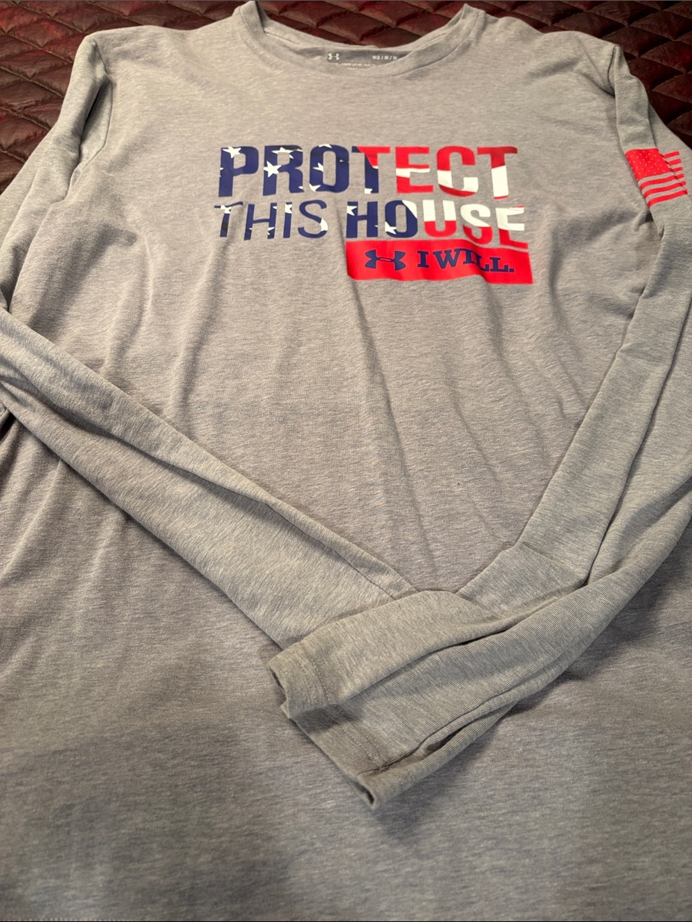 Under Armour Gray Long Sleeve Tee with Red & Blue Chest Print Protect this House